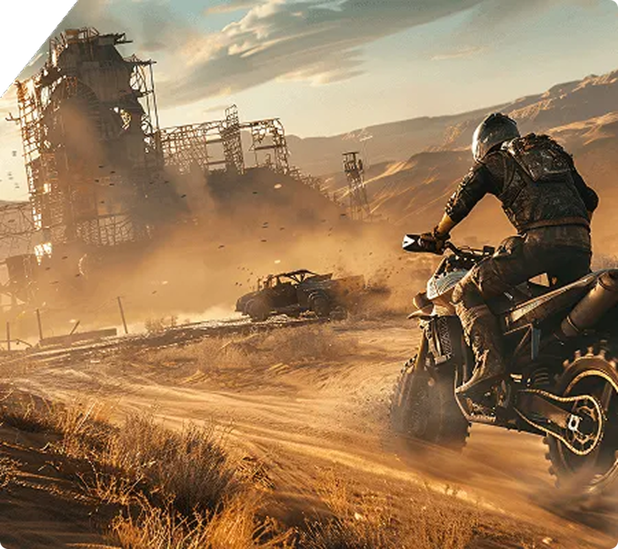 Gaming motorcycle in post-apocalyptic desert landscape